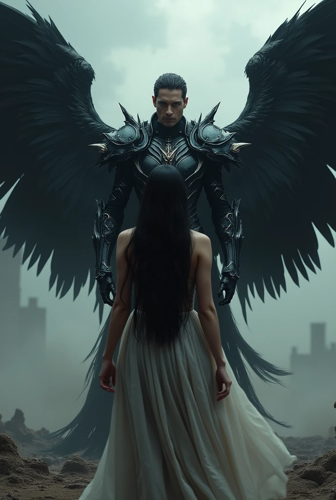 Create a digital art piece, male figure, large black angel wings made of feathers, dynamic and powerful. Male character with intricate futuristic-gothic armor, robust design. Female figure in foreground, long black hair, wearing semi-transparent ethereal gown, posture of awe. Background moody and atmospheric, hint of desolation or war-torn landscape
