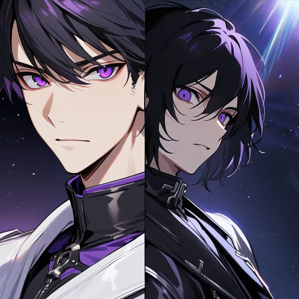 High quality, HD, 4k, no shadows, handsome male, handsome, 1male, 17 years old, teenager, jet black hair, short black hair, dark hair, black hair, jet black hair, sharp eyes, deep purple colored eyes, dark purple colored eyes, deep purple eyes, purple eyes, devil may cry, close up, calm expression, stoic expression, black leather clothes, white leather clothing, lean body, well trained body, upper body, looking at viewer, cowboy shot, white solar, space background