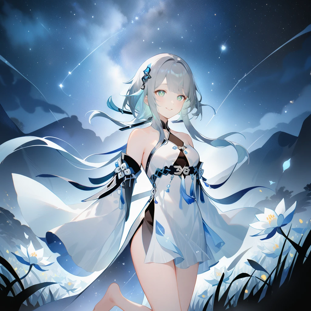 score_9, score_8_up, score_7_up, score_6_up,1girl, guizhong_\(genshin_impact\),(grey hair),short_hair_with_long_locks in front and low ponytail in back,gradient_hair,(pale grey eyes with seafoam gradient),starry_sky_print,detached_sleeves white outside blue starry inside, hands completely hidden by long sleeves,stunning field of softly glowing cerulean and white glaze lilies,night scene,gentle smile,face focus, eye focus,ladyshadow,moonlight,glossy lips,vivid anime coloring,cel shading,smooth, soft dreamy focus,anklet,halter_top,white clothes,highly detailed,digital painting,bare_shoulders,barefoot,cool night tones, magical night scene,geo crystalflies,professional,anemo colored fireflies,nebula of stardust and silvery vapor,harmonious blend of nature and art,transcendent beauty,awe-inspiring artwork,(best quality,4k,8k,highres,masterpiece:1.2),yunamaro,carnelian,dsmile,cosmic stardust,guizhong, guizhong's def clothes, 1girl, long hair, blue eyes, barefoot, guizhong's dress, hair ornament, chinese clothes, sleeves past fingers,