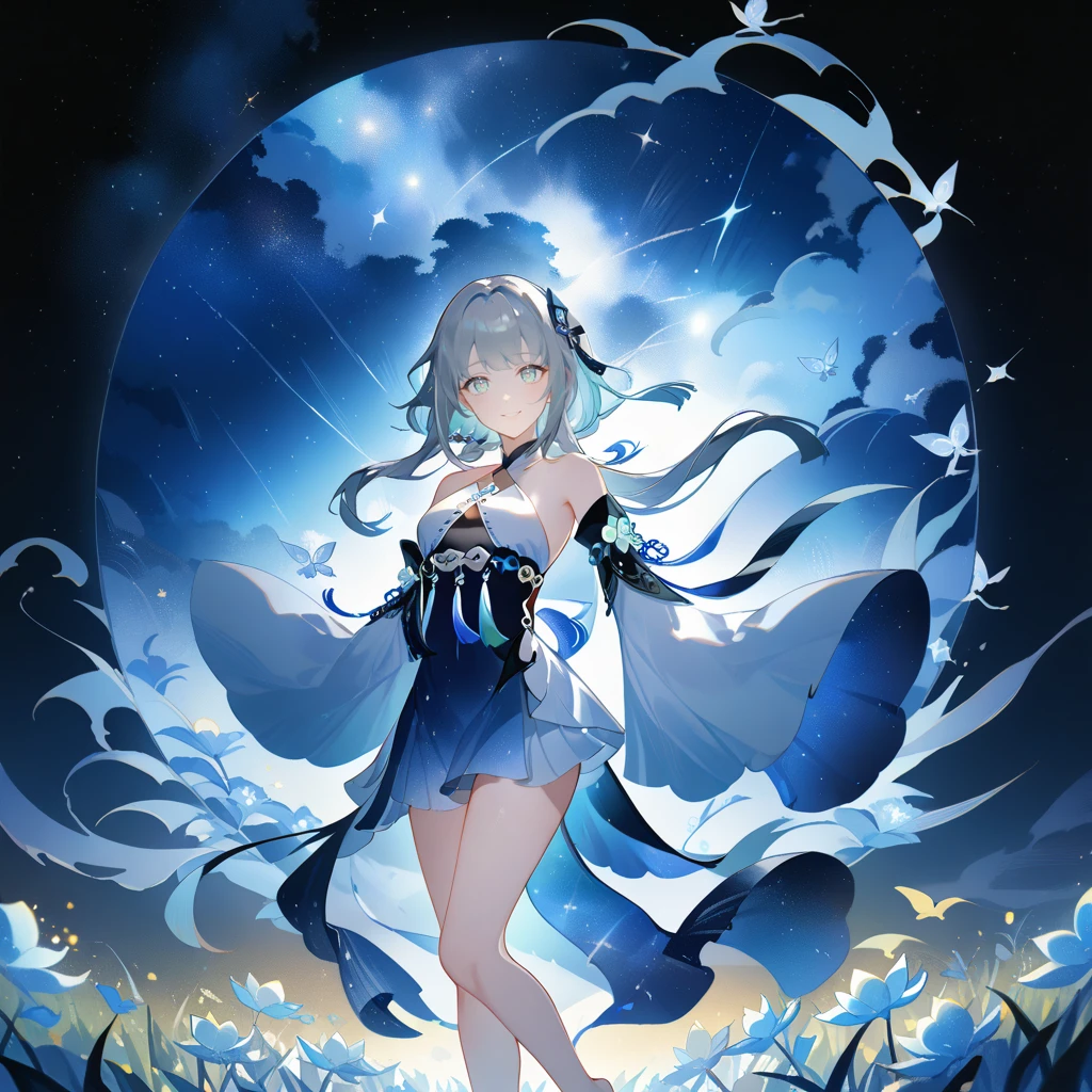 score_9, score_8_up, score_7_up, score_6_up,1girl, guizhong_\(genshin_impact\),(grey hair),short_hair_with_long_locks in front and low ponytail in back,gradient_hair,(pale grey eyes with seafoam gradient),starry_sky_print,detached_sleeves white outside blue starry inside, hands completely hidden by long sleeves,stunning field of softly glowing cerulean and white glaze lilies,night scene,gentle smile,face focus, eye focus,ladyshadow,moonlight,glossy lips,vivid anime coloring,cel shading,smooth, soft dreamy focus,anklet,halter_top,white clothes,highly detailed,digital painting,bare_shoulders,barefoot,cool night tones, magical night scene,geo crystalflies,professional,anemo colored fireflies,nebula of stardust and silvery vapor,harmonious blend of nature and art,transcendent beauty,awe-inspiring artwork,(best quality,4k,8k,highres,masterpiece:1.2),yunamaro,carnelian,dsmile,cosmic stardust,guizhong, guizhong's def clothes, 1girl, long hair, blue eyes, barefoot, guizhong's dress, hair ornament, chinese clothes, sleeves past fingers,