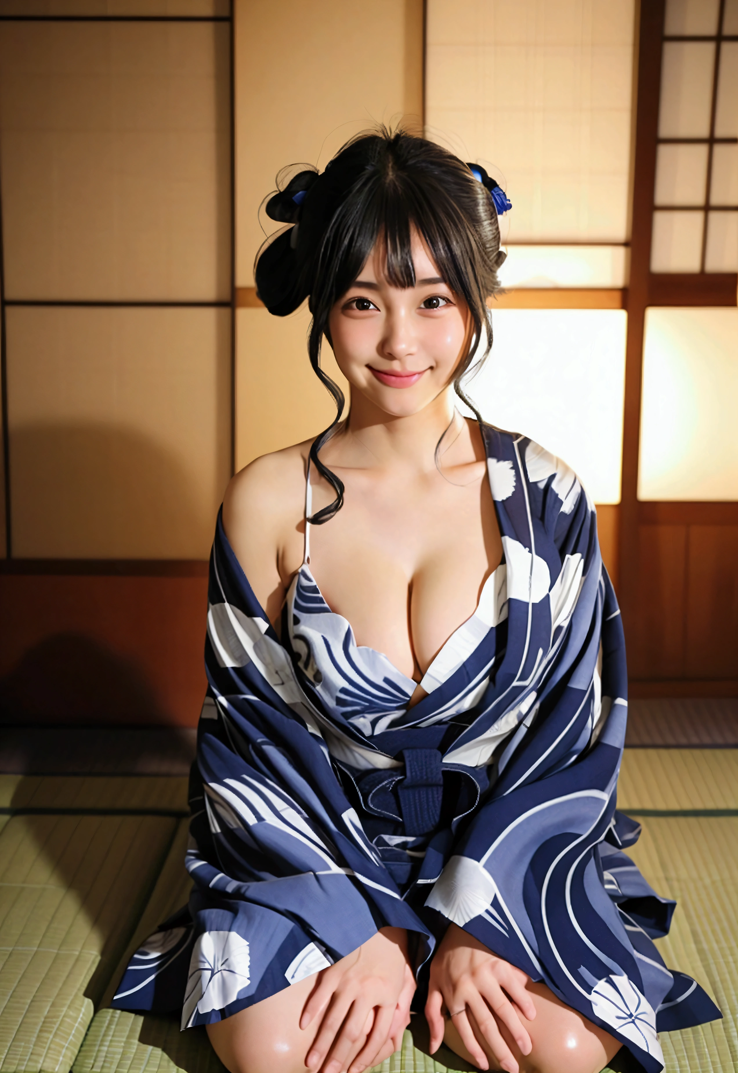 A very cute face like an idol、like々A 19-year-old woman with a cute face、Gentle and cute、A kind smile、(((Japanese Yukata)))、(night)、Sleeping on a futon in a Japanese-style room (washitsu) of a ryokan.、((Cleavage、I can see your thighs))、((Full body portrait))、RAW Photos、Genuine、High resolution