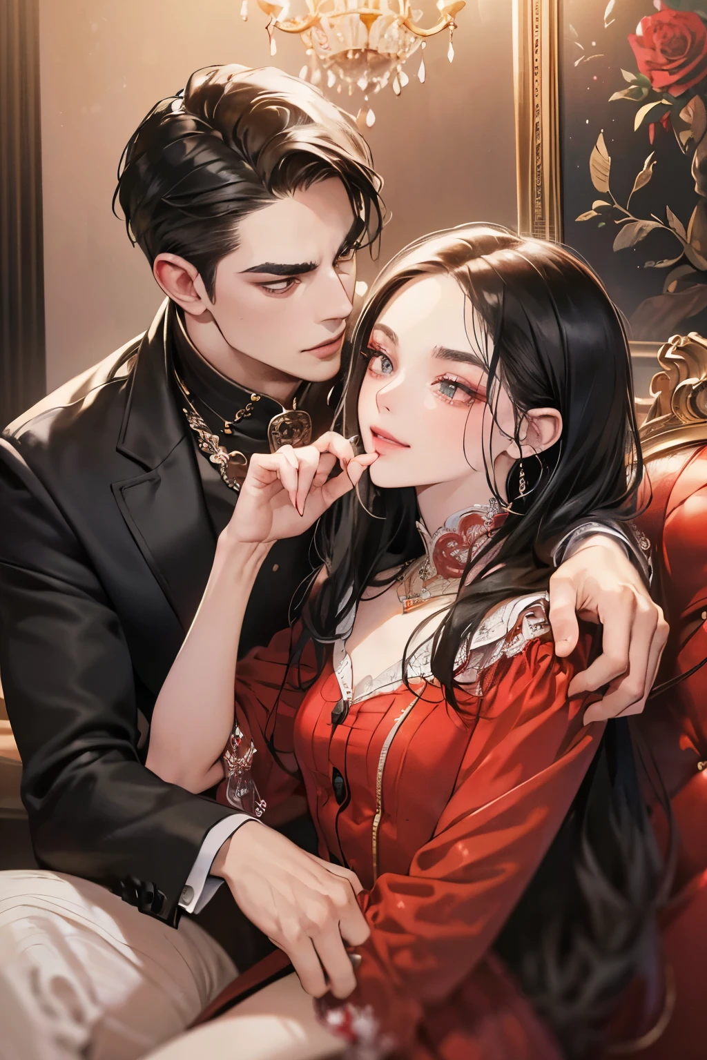 (masutepiece, Digital Art, Digital Illustration, 4K, 8K, Ultra-detailed, beautiful image, Sharp Image, Photorealistic, Raw photo, Perfect face, Perfect lines, Perfect eyes, Soft lighting) 1 woman, (Long Black Hair,straight haired,Bullish gaze,Beautie,ellegance,Mode system,Onepiece、Solid makeup,23 y-o woman,small tits:1.3),Two handsome men in suits, (ember,Men in suits,well-muscled,Firm shoulder width,Adult male,Boyish hairstyle,English gentlemanly style,Man in his 30s with a cool expression,28-year-old man with bright smile:1.2),Antique furnishings,Antique Clamps,Antique chair,chandeliers,Crystal Glass,Luxury,fantastical light,Marble fireplace,(embarrassed from,Shy smile,1 red rose:1.2),Antique sofa,Leather sofa,the kiss、kiss、a couple、couple kissing、Romance、doress、single people