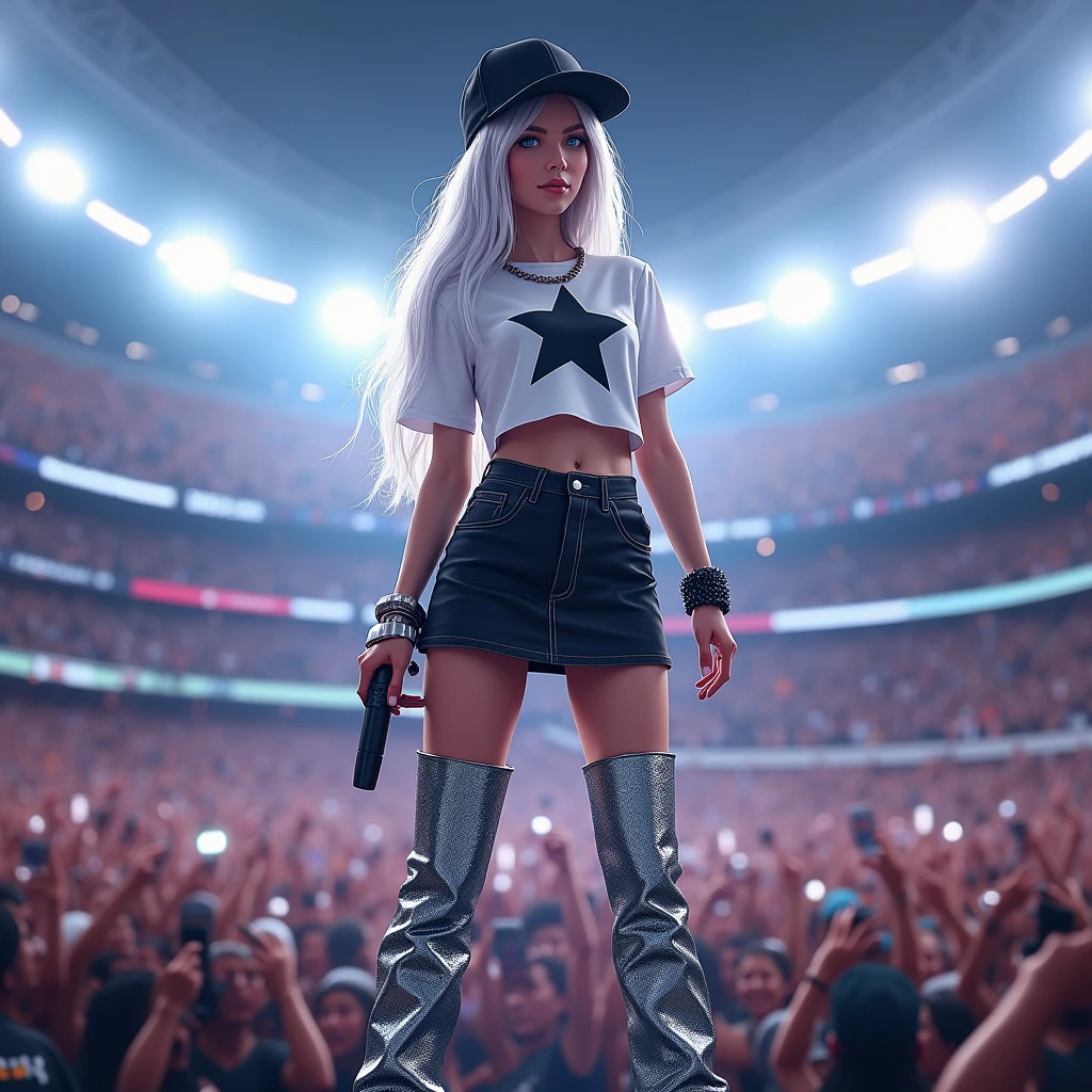 A girl with white hair halfway down her back,wearing a white crop top with a star in the middle and a black mini skirt and silver thigh-high boots,I want a black backwards cap on her head,I want her to sing using the microphone for the audience at the Superbowl show