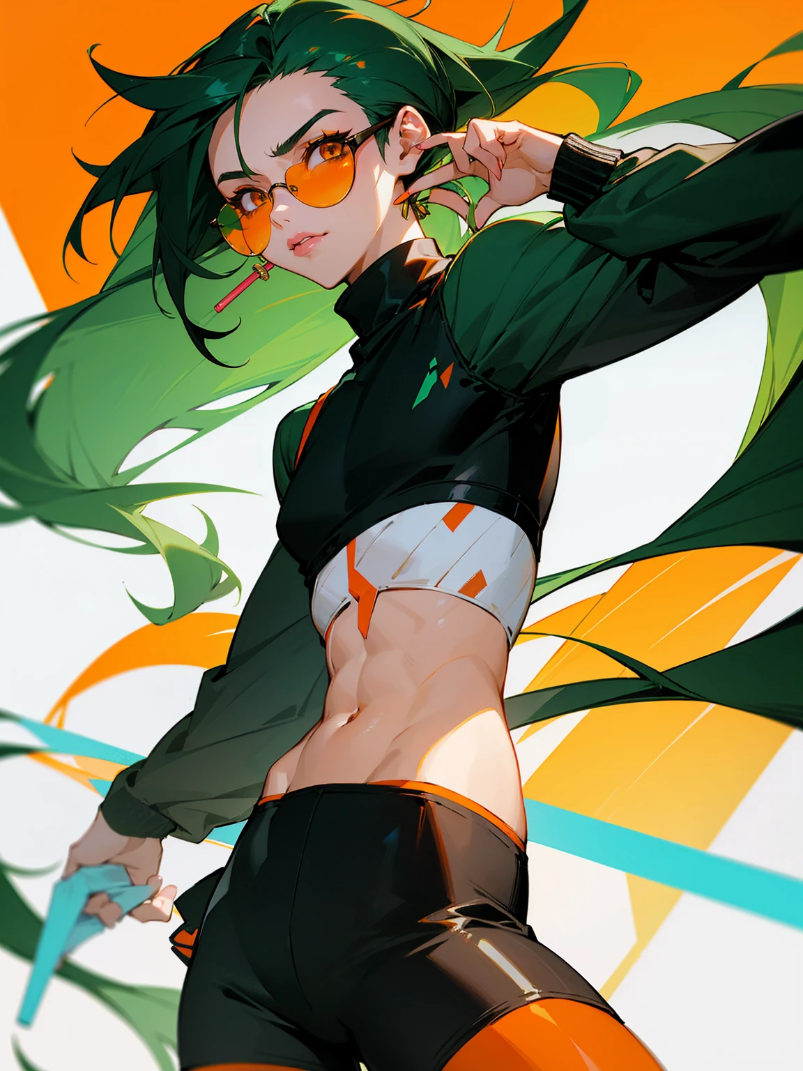 1male, dark green hair, orange eyes, long hair, pony tail, crop top sweater, sunglasses, lip gloss, black shorts, leggings