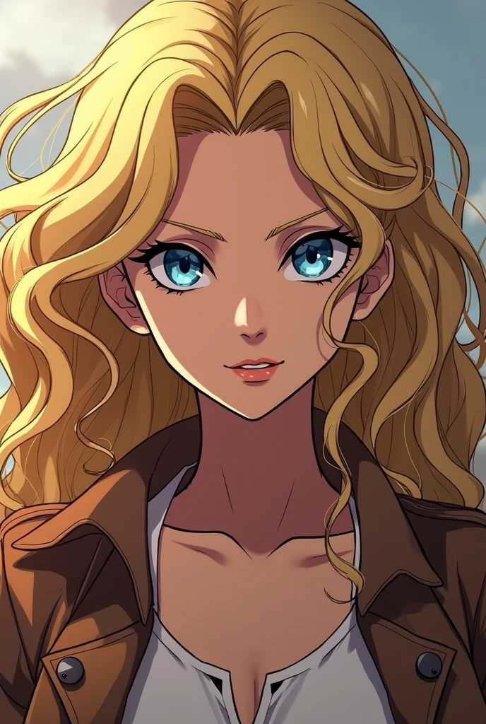 A woman, curly hair, rubio, blue eyes, from the drawing style of Attack on Titan
