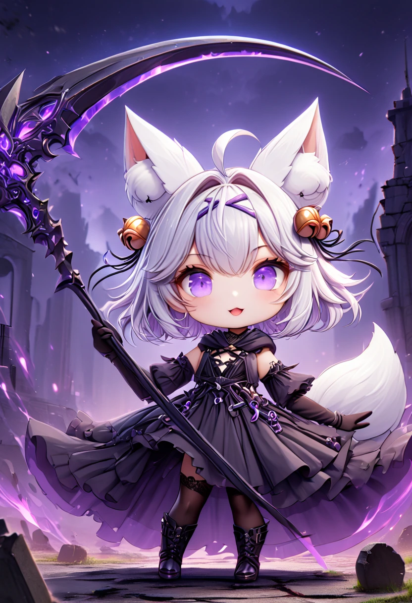 master piece, best quality, ultra-detailed, illustration, midnight, battlefield, gloomy atmosphere, broken castle, broken walls, ruins, purple flames, purple moon, 1girl, solo, chibi, (big head), cute pose, front view, looking at viewer, ((full body Close up)), chubby, fat, filian, filianoverall, Filiansailor, ((white hair)) , short hair, shoulder length hair, fly-away hair, bangs, hairclip, purple hair ornament, cat ears, (hair bell:1.3) ahoge, purple eyes, open mouth, smiling, (white fluffy fox tail), (black tattered robe), long gown, black arm sleeves, black gloves, wielding scythe, black stockings, black boots