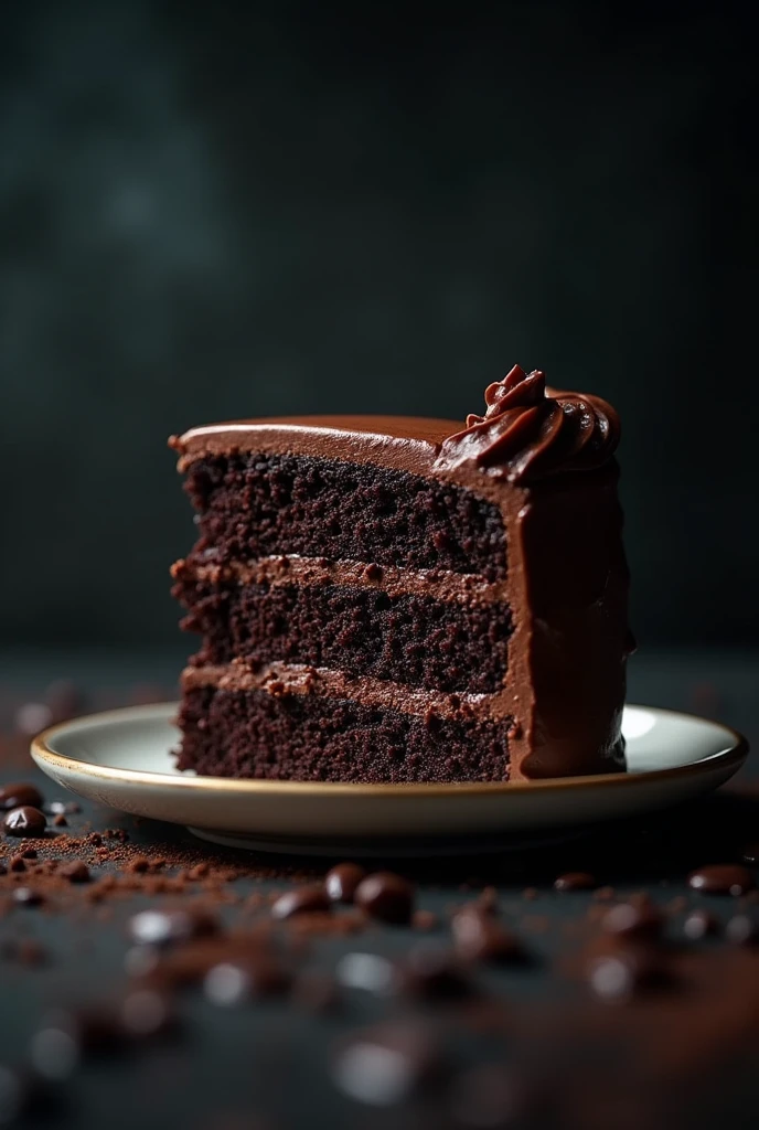 cinematic film still chocolate, chocolate cake, dark background, quality photo, moist texture, frosting, studio photo, slice . shallow depth of field, vignette, highly detailed, high budget, bokeh, cinemascope, moody, epic, gorgeous, film grain, grainy