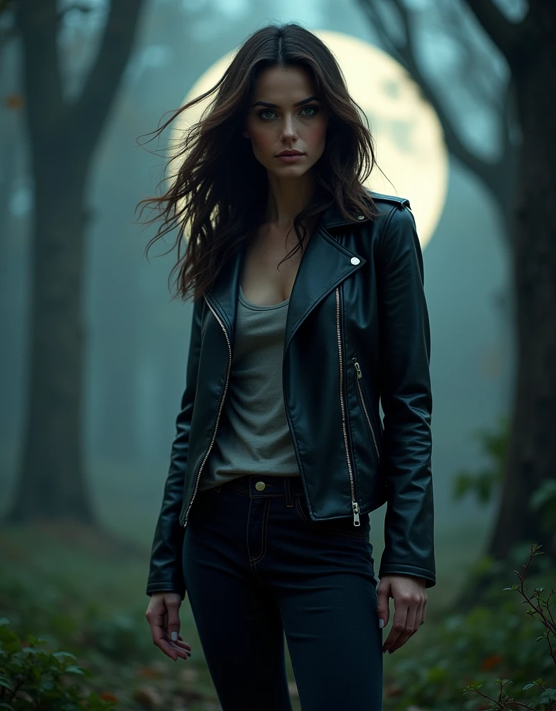 Werewolf Girl inspired by the Originals and The Vampire Diaries TV Series character Hayley Marshall (Phoebe Tonkin). Beautiful brunette woman. wearing leather jacket and dark pants, Midjourney AI Generated Art, mystical forest with full moon glowing in the background, AI Artificial Intelligence Artworks, Character Inspiration.