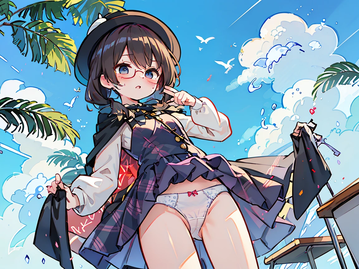 (masterpiece),(((perfect anatomy))),high quality,best quality,8k,super fine illustration,ultra detailed,extremely detailed eyes,extremely detailed body,extremely detailed finger,, age of 16, (black pigtails:1.2), small breasts, from front, black cloak, silk hat, red rim glasses, white panties, (intricate panties:1.4), check skirt, overall skirt, wind, classroom, surprised, blushing cheek, nsfw,