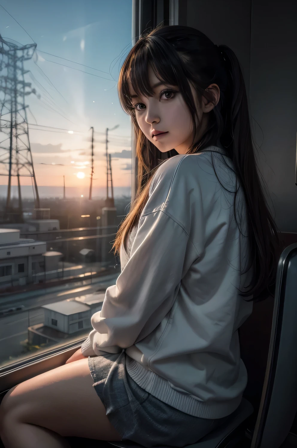 anime girl looking at "power transmition tower"
