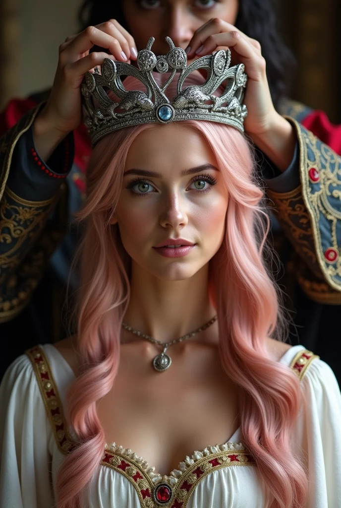 beautiful medieval woman with long pink hair and hazle eyes, clad in regal white with gold and red embroidery, being crowned with silver dragon tiara by a neck-length black haired king with dark eyes, clad in regal black and red.