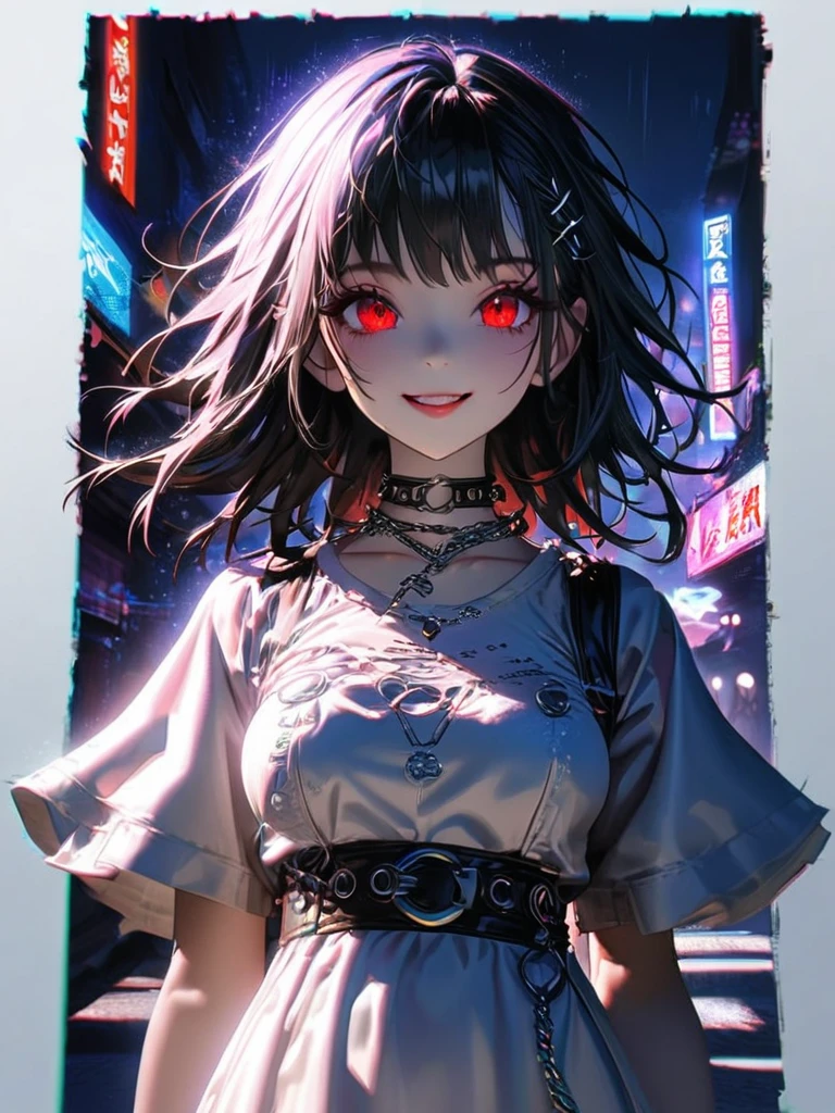 1 girl, chromatic aberration, Written boundary depth, Soft Light, masterpiece, Highest quality, complicated, Tone Mapping, A place where fireworks are set off at festivals. Concept Art, Smooth, Clear focus, Dramatic lighting, Very cinematic, super practical painting, アートステーション's trending, 8k, Incredible Shadows, practical, whole body, View, Viewers, Portrait of a Girl 1, standing on street corner, Heavy rain and lightning、Dark Sky, neon and cyber punk background, she is dressed in punk clothing with silver chains and silver spikes, Her hair was dyed a bright black color..........Ominous aura of light, smile, punk, ciber punk, Backlight.Fashionable clothes、Friendly dress code:Wearing a cute white dress.My breasts are a little big.Beautiful red eyes