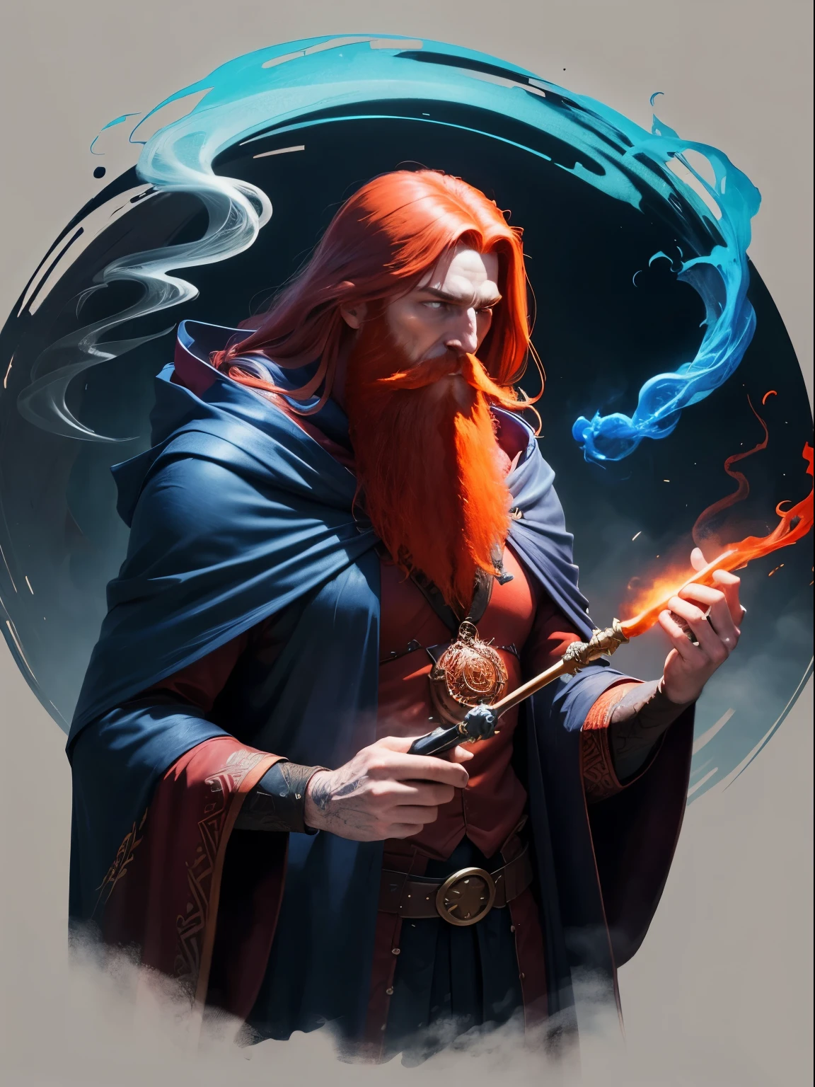 A red-haired wizard with a long beard wearing a dark blue cloak with a pointed hood, smoking a big pipe, releasing smoke in the form of dragons, art with neon effects