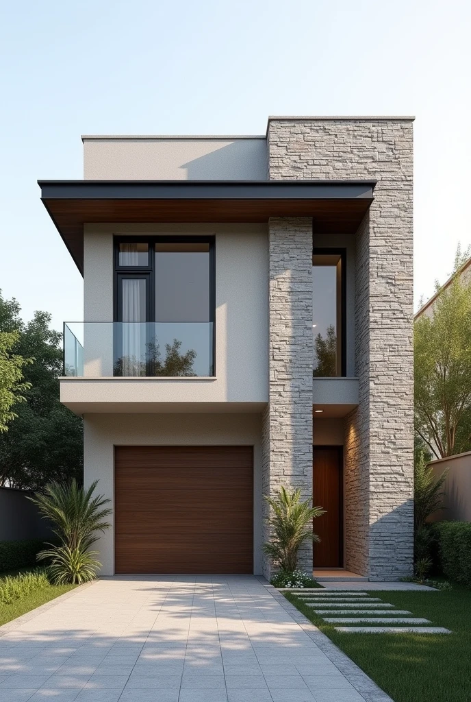 Modern facade with 8 meters of front with stone-faced block with driveway
 

