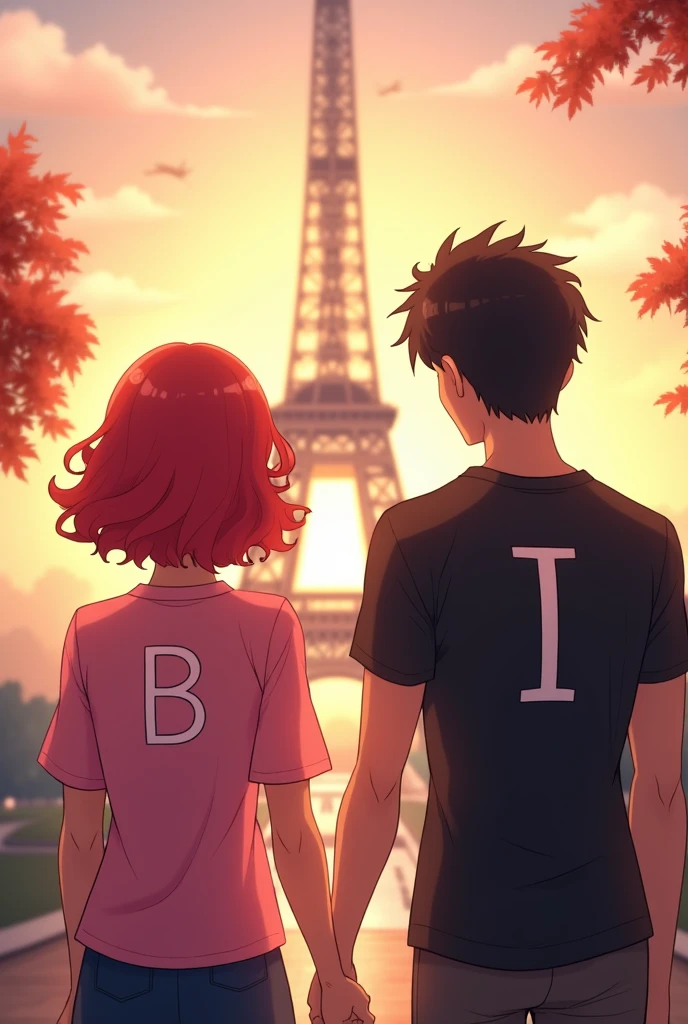 A couple holding hands, with his back to the tower of Paris, short curly hair with red hair tips, pink blouse with the letter b, boy short curly hair, with black shirt and letter i
