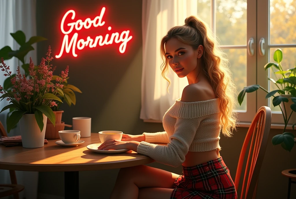 (photorealism:1.2), beautiful woman, sitting at a breakfast table, wearing loose cropped off-shoulder sweater, tartan skirt, high heels, long curly blonde hair, ponytail, smiles at the viewer, indoors, soft lighting, plants in background, window with sunlight, cozy room, relaxed pose, realistic, intricate details, warm colors, text "Good Morning" in neon lights, by Greg Rutkowski, by Alphonse Mucha
