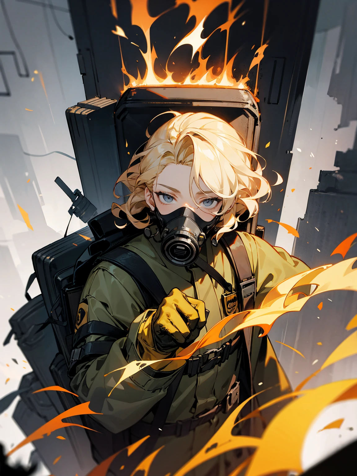 1male, gas mask, blonde hair wavy hair, adult, grey eyes, backpack, burning building, gloves