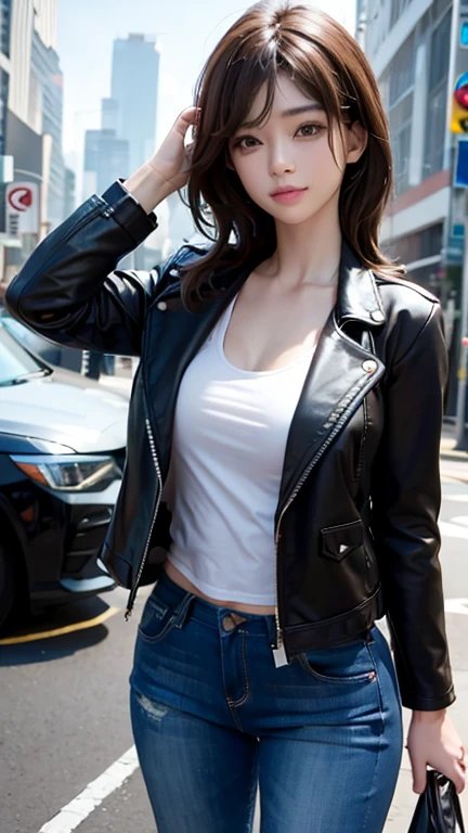 best quality, high quality, ultra quality, 8k, masterpiece, detailed, extremely detailed, insanely detailed, ultra detailed, ultra highres ,exquisite,
lifelike Images,cinematic experience,UHD picture,Realistic,photorealistic,hyperrealistic,vivid,RAW photo,shot by DSLR, One girl, (black leather jacket:1.3), white tank top, black leather pants, cyberpunk city