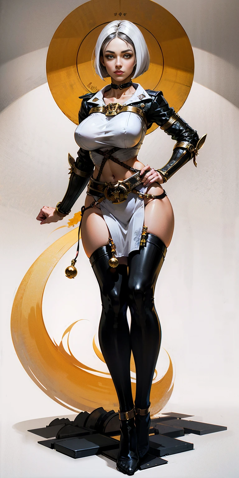 (White background:1.2) body looking to viewer symmetrical body left to right side, big knockers, yellow bright eyes, and a white bob haircut. She is standing solo, full body, with hands on hips, feet together, viewed from below. Features a leather choker, big belt, bracers and a tiara.
