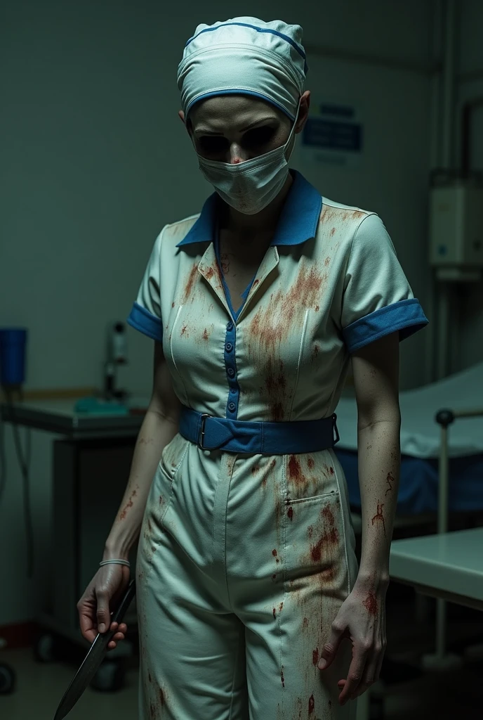 The image creates a scene from silent hill 
"A woman with a height of approximately 1.68 meters, with a worn and blood-stained nurse&#39;s uniform. The uniform is white with blue details., with short sleeves and a high neck. The nurse is wearing a white surgical mask covering her face., with a white cap covering her hair. His eyes are dark and empty, with an expression of pain and suffering. Her skin is pale and discolored, with a worn texture. He carries a surgical knife in his right hand., with the blade facing down. His posture is hunched, with head tilted forward and shoulders slumped. The background is a hospital or a medical room, with medical equipment and supplies in the background."

add additional details such as:

- Dim, shadowy lighting - Realistic shading and textures - Expression of pain and suffering on the face - Blood stains and wear on the uniform - Medical equipment and supplies in the background
