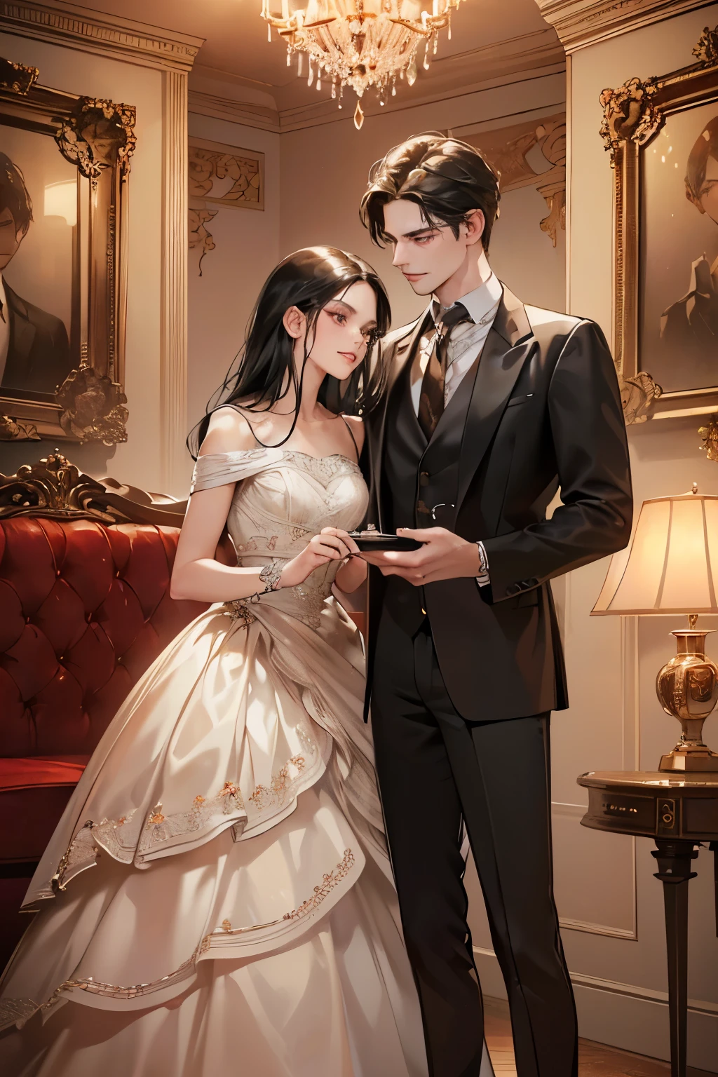 (masutepiece, Digital Art, Digital Illustration, 4K, 8K, Ultra-detailed, beautiful image, Sharp Image, Photorealistic, Raw photo, Perfect face, Perfect lines, Perfect eyes, Soft lighting) 1 woman, (Long Black Hair,straight haired,Bullish gaze,Beautie,ellegance,Mode system,Onepiece、Solid makeup,23 y-o woman,small tits:1.3),Two handsome men in suits, (ember,Men in suits,well-muscled,Firm shoulder width,Adult male,Boyish hairstyle,English gentlemanly style,Man in his 30s with a cool expression,28-year-old man with bright smile:1.2),Antique furnishings,Antique Clamps,Antique chair,chandeliers,Crystal Glass,Luxury,fantastical light,Marble fireplace,(embarrassed from,Shy smile,1 red rose:1.2),Antique sofa,Leather sofa,the kiss、kiss、a couple、couple kissing、Romance、doress、single people