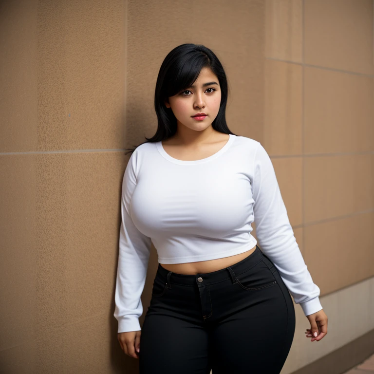body photo, beautiful detailed, cute face, short, Guanajuato teen, medium black hair, black hair over one eye, long sleeve plain T-shirt, long pants, pearshaped voluptuous wide hips with thick thighs, solo, 