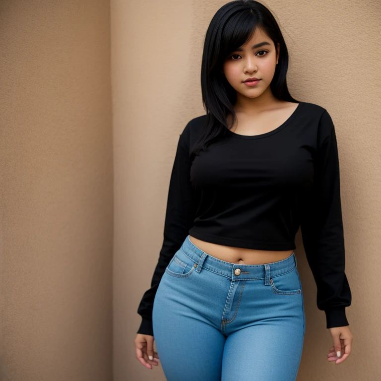 body photo, beautiful detailed, cute face, short, Guanajuato teen, medium black hair, black hair over one eye, long sleeve plain T-shirt, long pants, pearshaped voluptuous wide hips with thick thighs, solo,