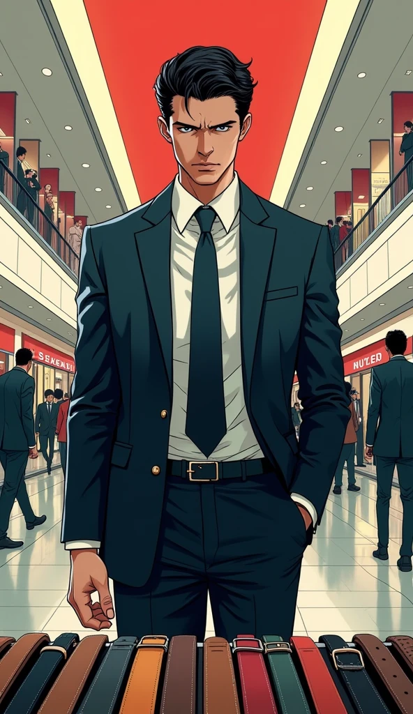 ((A man with short hair))，In the mall，Black Hair，Suits，((Cold expression))，say，Choose a belt，Japanese comic style