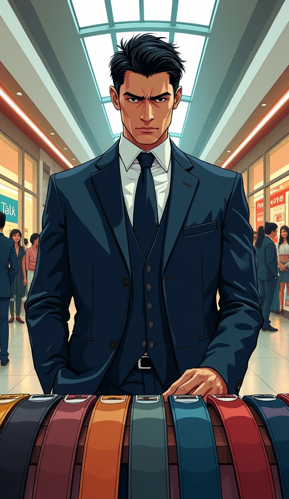 ((A man with short hair))，In the mall，Black Hair，Suits，((Cold expression))，say，Choose a belt，Japanese comic style