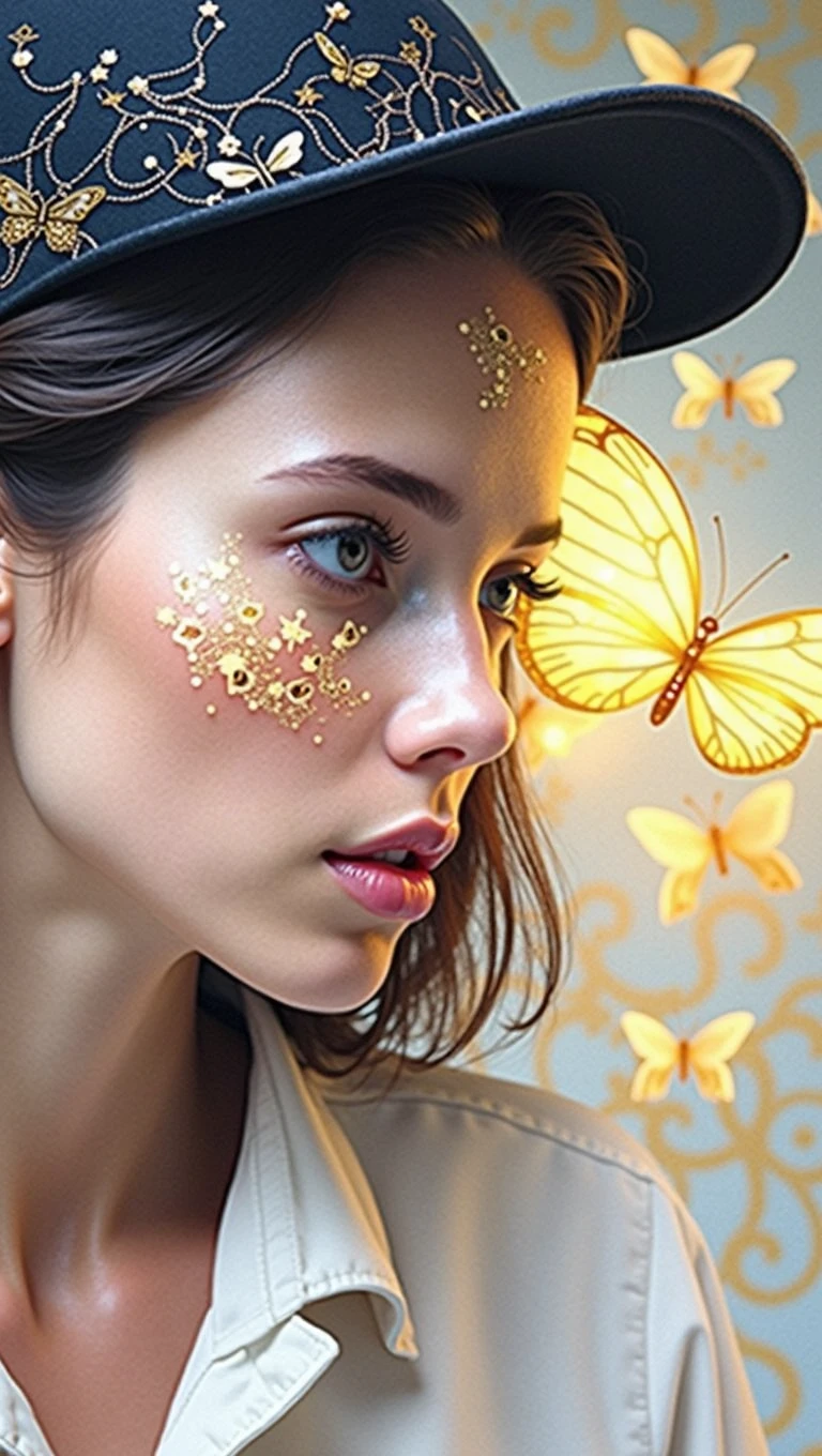 Portrait of a beautiful cyborg with 8k brown hair, intricate, elegant, highly detailed, majestic, digital photography, art by artgerm and Ruan Jia and Greg Rutkowski, surreal painting, golden butterfly filigree, broken glass, (masterpiece, side light, delicate beautiful eyes: 1.2), Human Development Report