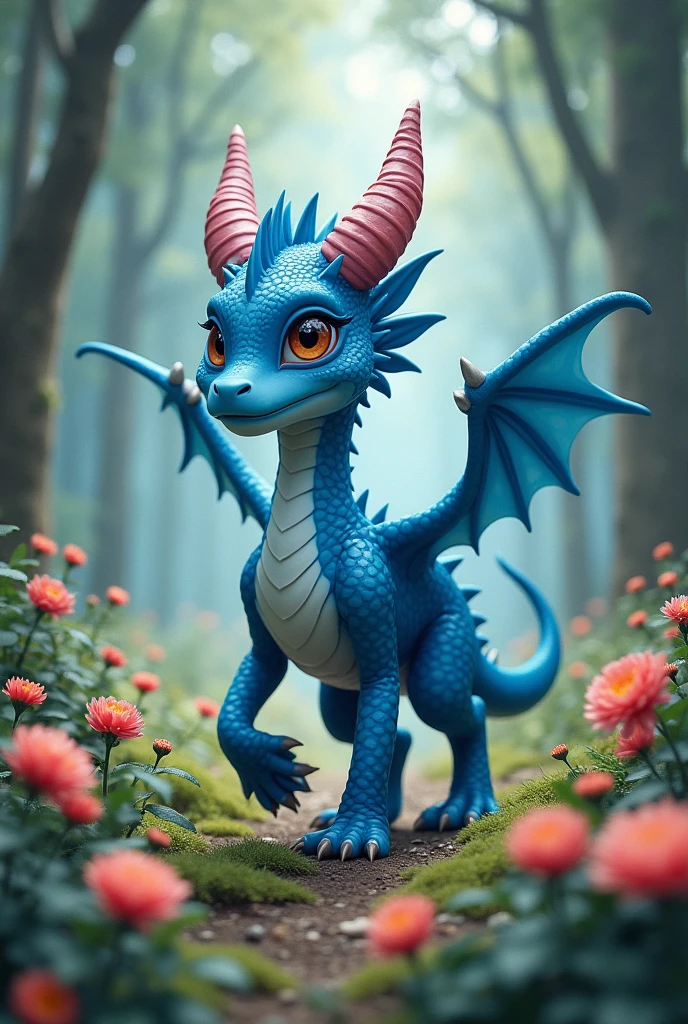 A blue female quadruped dragon walking in a flowering forest
