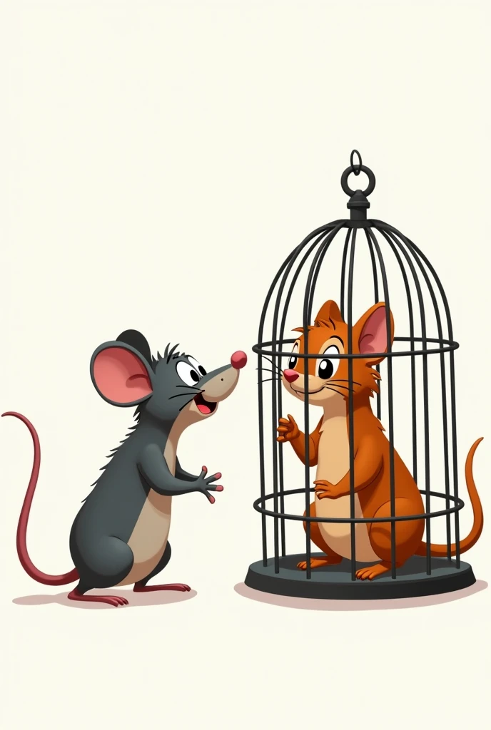 Then the little mouse frees the cat that was locked in a cage., animated like the cartoons, on a white background