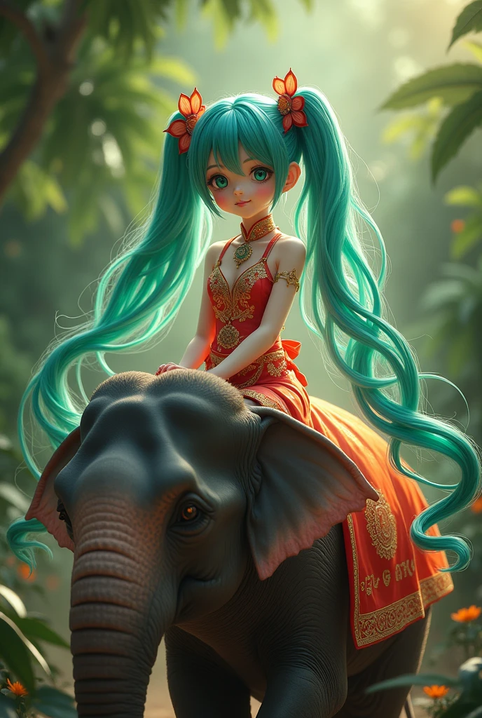 Hatsune Miku wears a Thai costume and sits on the back of an elephant.
((ผลงานชิ้นเอก แสงข้าง ดวงตาbeautifulที่รายละเอียดประณีต: 1.2)), Special details, Ultra high resolution, professional lighting, High quality makeup, ดวงตาbeautifulที่รายละเอียดประณีต, sexy, beautiful, Big eyes, My eyes fell., (Young woman), (small breasts: 1.2), Red cheeks, Red body, Moisturized eyes, Hatsune Miku, green hair, Incredibly long hair, Wavy Hair, Ahoke, Twintail, (Gray sleeveless shirt, Green tie, black short skirt: 1.1), very cute, (ใบหน้าbeautifulที่รายละเอียดประณีตมาก), Real skin texture, ผมbeautiful, ใบหน้าbeautiful, ดวงตาbeautiful, ร่างกายbeautiful, มือbeautiful, smile, stand, (Sexual stimulation: 1.2), Elevated nipples, Mouth open, Vapors