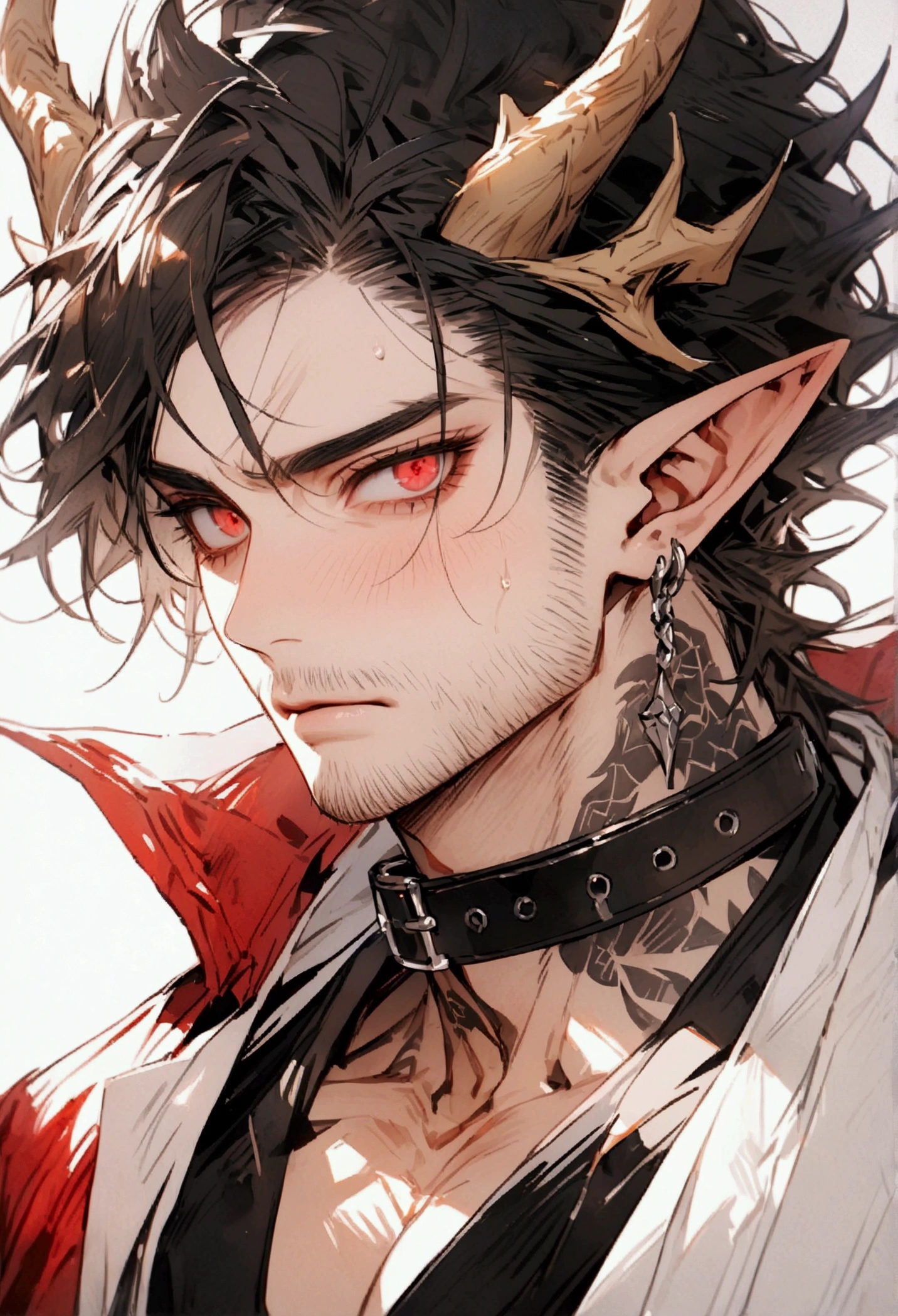 (masterpiece), highest quality, Expressive eyes, Perfect Face, male, black Hair, red Eyes, dragon Ears, nude, Portraiture,, good looking, Apathetic and tired, dragon horns, dragon tail, bruised, full body, collar on neck, manly, muscular, stubble on chin, full body, tattooes on neck, lower body, Wearing a red suit , staring at the viewer
