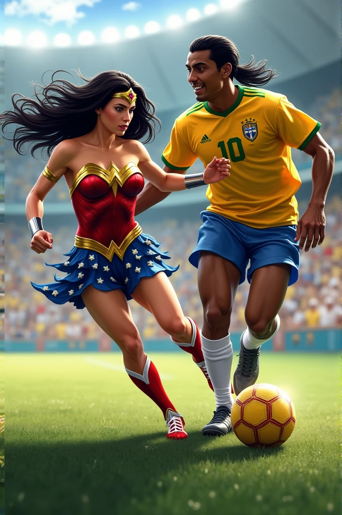 Wonder Woman dribbling past Ronaldinho with the Golden Ball