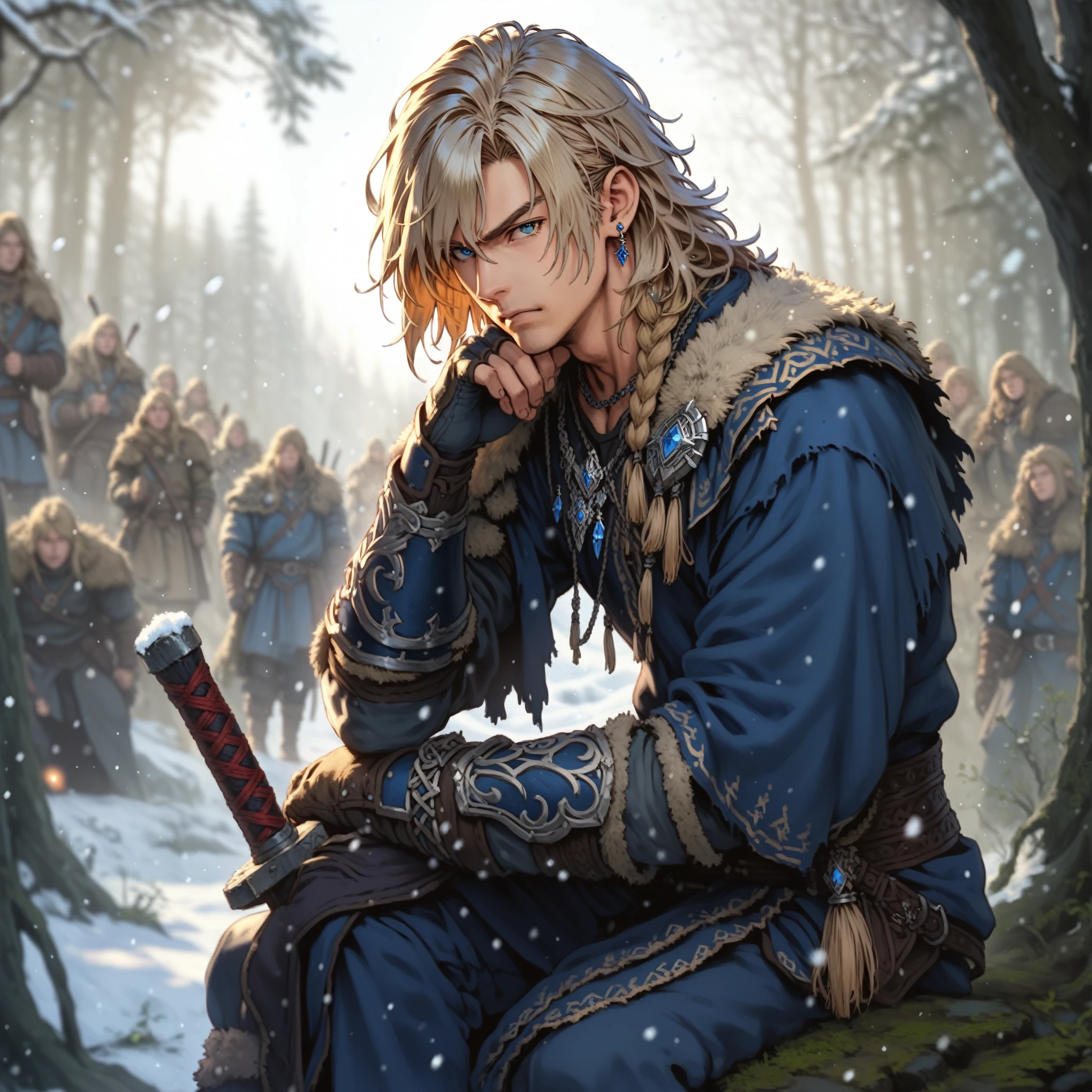 absurdities, High resolution, ultra detailed, HdR, masterpiece, realism, realist, 30 year old adult man, rasgos muy masculines, serious, Extremely detailed face and eyes, short straight hair, blond hair, bushy eyebrows, fringe, angry eyebrows, expressive blue eyes, rasgos masculines, detailed eyes, LOOKING AT THE SPECTATOR, 1 man, viking style clothing, masculine, blue clothes con abrigo de piel blanco, snowy background, White skin, viking necklace, blue clothes, white earrings, Wizard&#39;s Medallion, tidy hair, Complete plan, beefy chest, realism magico, masculine, men&#39;s clothing, vibrant colors, Fotorrealist, 8k, Best Quality, High resolution, cinematic lighting, intricate details, snow background.