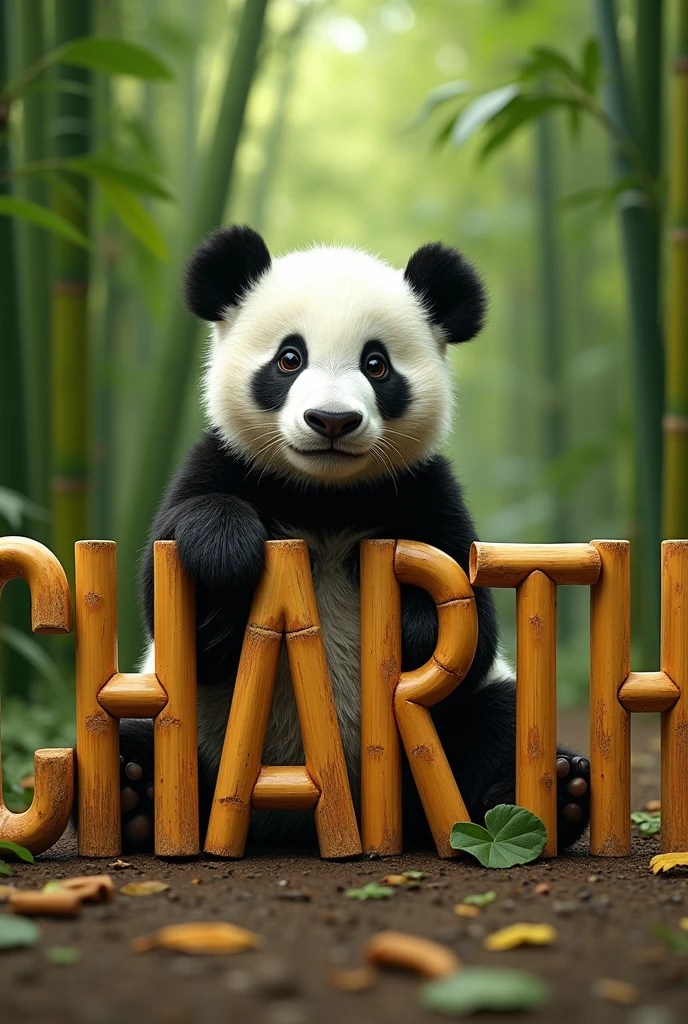 The word CHARTH written in letters made of bamboo, with a baby panda in the background