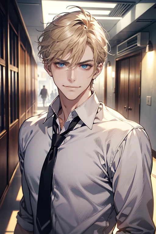 (tmasterpiece, high resolution, ultra - detailed:1.0), (1 man , madure male, masculine face), Perfect male body, tall and strong, Adult male, Delicate eyes and delicate face, blue eyes, Extremely detailed CG, Unity 8k wallpaper, Complicated details, Detailed face, ( short blond hair, smile in love faces, white shirts,Bad students), (frown,smile:1.3), stad in school corridor, street style, color difference, Depth of field, dramatic shadow, Ray tracing, Best quality, Cinematic lighting, offcial art,Portrait