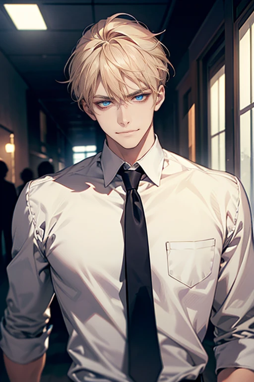 (tmasterpiece, high resolution, ultra - detailed:1.0), (1 man , madure male, masculine face), Perfect male body, tall and strong, Adult male, Delicate eyes and delicate face, blue eyes, Extremely detailed CG, Unity 8k wallpaper, Complicated details, Detailed face, ( short blond hair, smile in love faces, white shirts,Bad students), (frown,smile:1.3), stad in school corridor, street style, color difference, Depth of field, dramatic shadow, Ray tracing, Best quality, Cinematic lighting, offcial art,Portrait