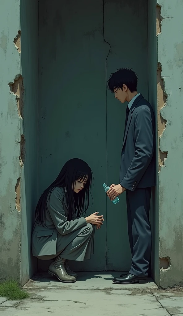 ((A woman with long hair)),Sitting in the broken corner,cry,Black Hair,Worn suit,A handsome man holds a bottle of water for her,Japanese anime style
