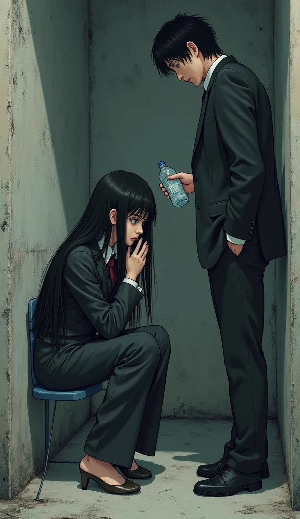 ((A woman with long hair)),Sitting in the broken corner,cry,Black Hair,Worn suit,A handsome man holds a bottle of water for her,Japanese anime style