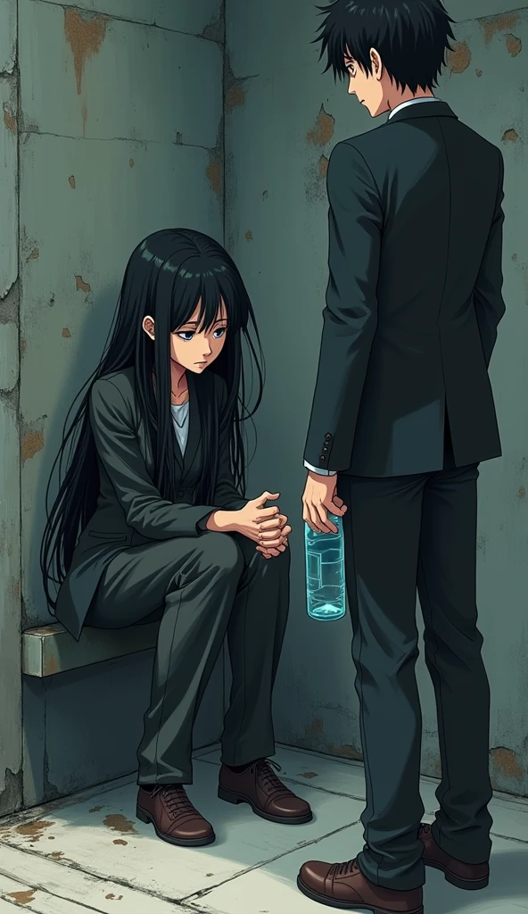 ((A woman with long hair)),Sitting in the broken corner,cry,Black Hair,Worn suit,A handsome man holds a bottle of water for her,Japanese anime style