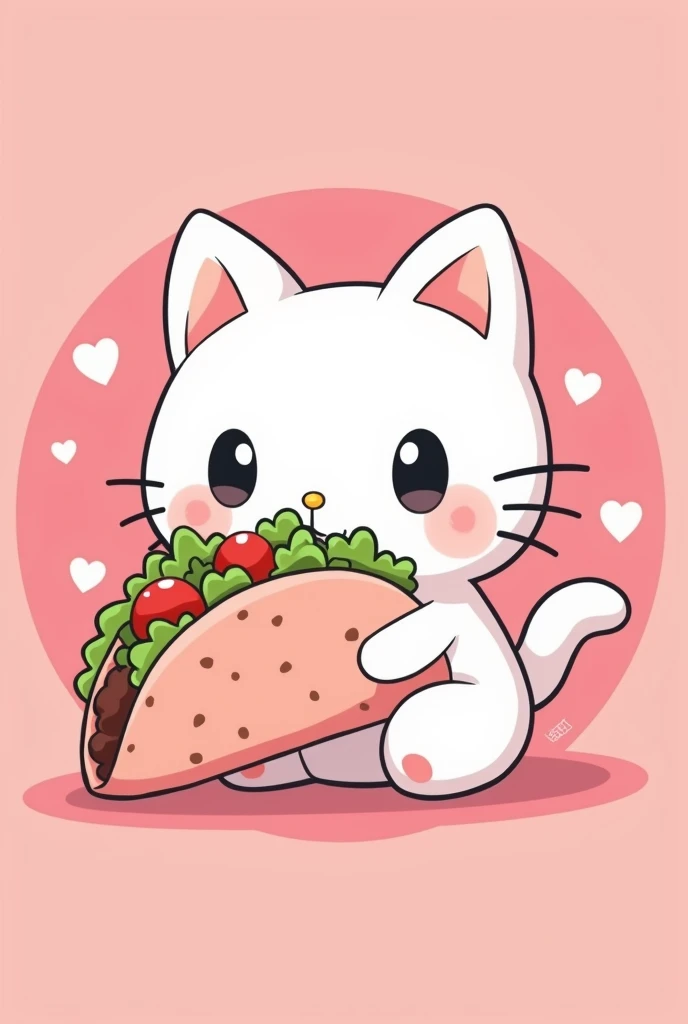 White hello kitty style cat eating a pink tortilla taco in anime studio ghibli style in the shape of a logo with a pink background