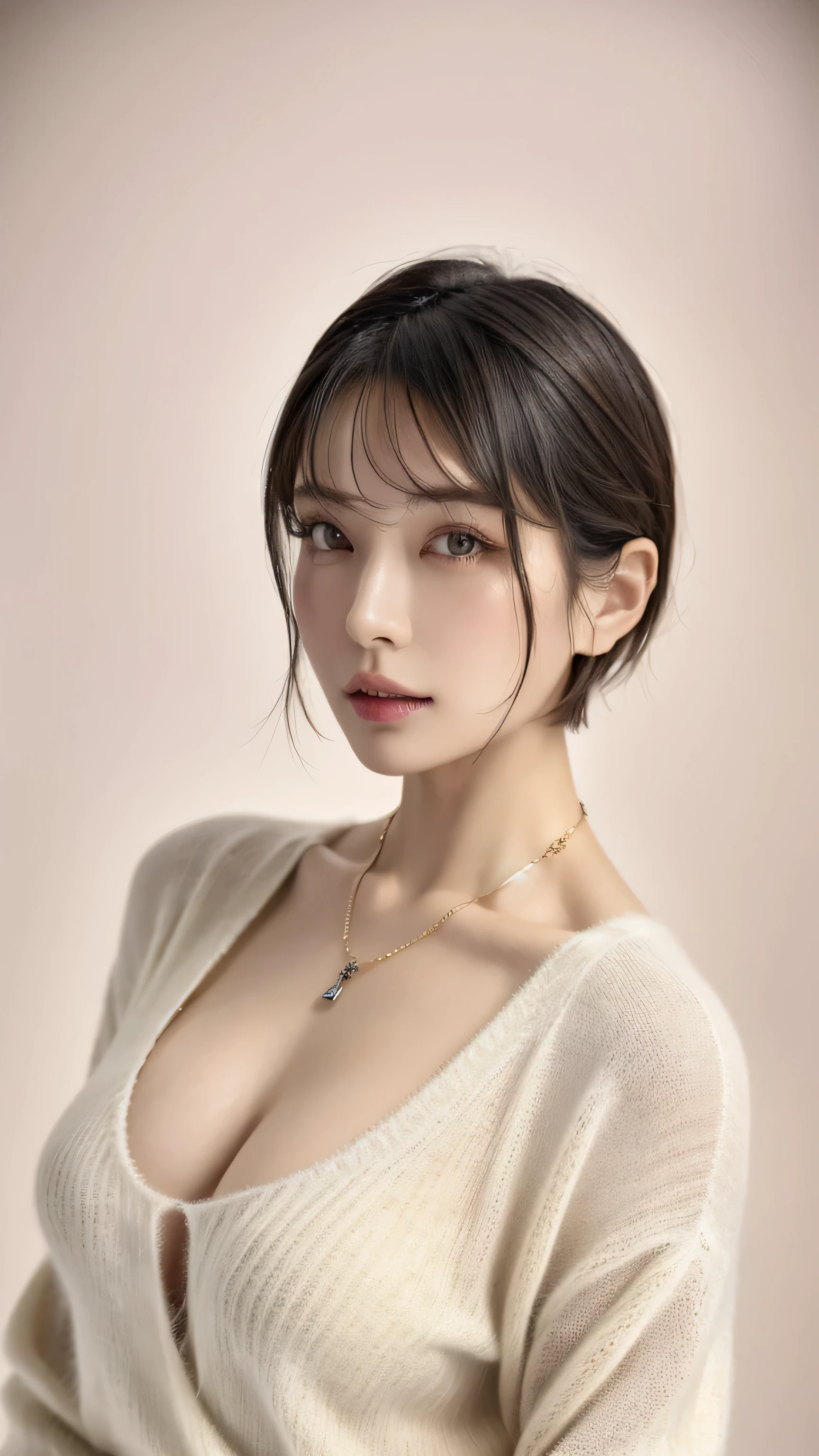 (Highest quality, 8k, 32K, masterpiece, Ultra-high resolution:1.2),Beautiful Japanese Women Photos, Large Breasts, Very short bob hair,Upper Body,Face Focus,Extra Large_sweater, necklace, Simple Background, From above, View your viewers,