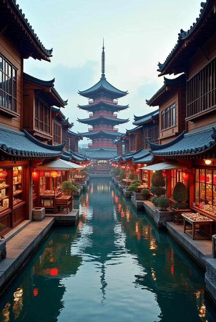 busy asian shops japanese style with a river canal like venice curved y, in the middle focal point big rounded pagoda epic scale, winding river 