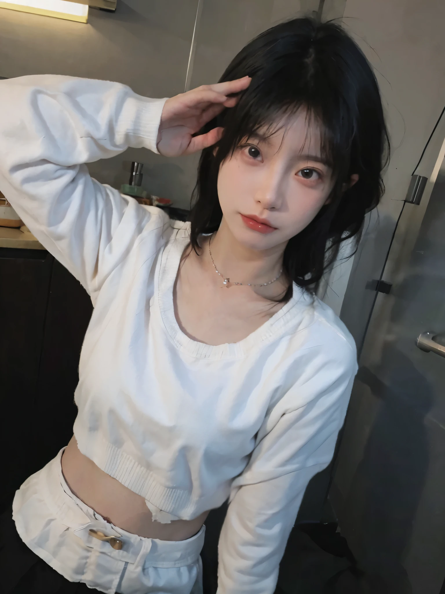 best qualtiy， Ultra-high resolution， （realisticlying：1.4），cute hairpin，1girll，Cropped black sweater ，head straight-looking at viewer，Full of atmosphere，Beautiful woman with a slim figure:1.4, abs:1.1, bathroom,Ultra-fine face，Elaborate Eyes，double eyelid，choker necklace