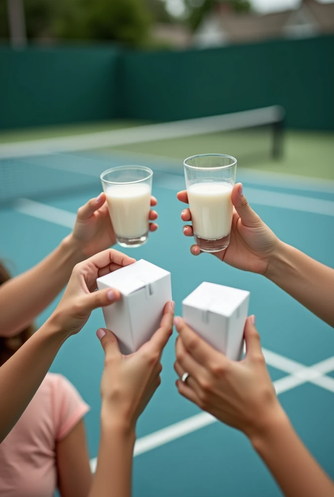 Tennis court background，Several people hold small boxes of milk and raise their glasses，Photography
