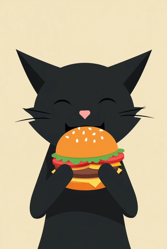 Cat face silhouette eating minimalistic burger from front 