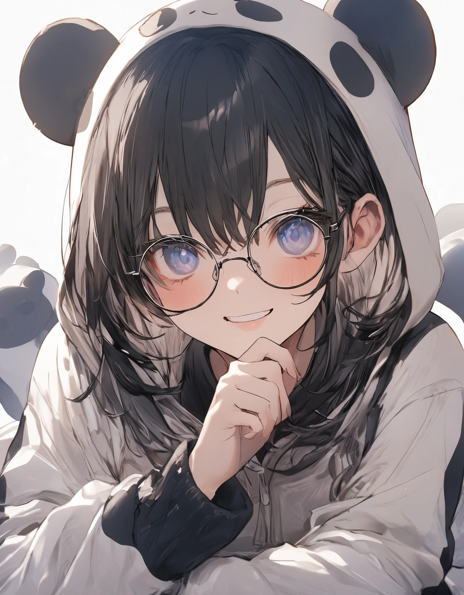 masterpiece、20 year old girl、Black Hair、short Hair、smile、(((panda pajamas, panda face hood)))、(wearing glasses)、rest one's chin on one's chin、Upper body, ((lie down in bed)), heart background