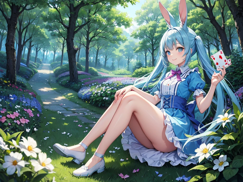 Alice in Wonderland、Light blue long hair、Beautiful girl with twin tails、smile、Rabbit long ears、A beautiful girl runs through a bright forest with playing cards flying around her、There are lots of colorful flowers at my feet